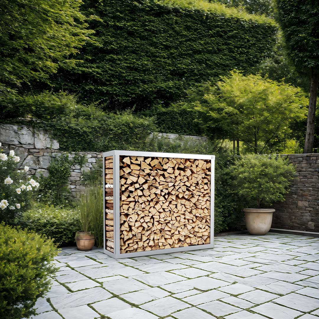 kaminholz aufbewahrung edelstahl Kaminholzregal mit Rückwand aus geschliffenem Edelstahl