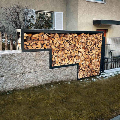 Kaminholzregal mit Rückwand auf Mass, Edelstahl Pulverlack