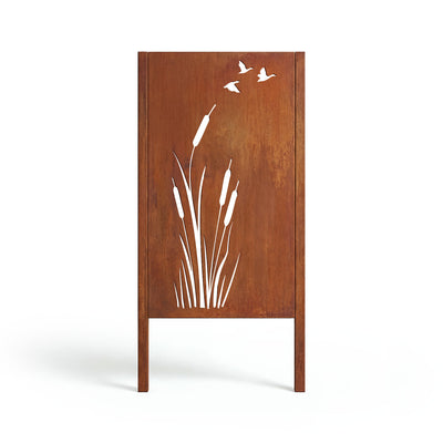 Privacy screen with reeds and ducks, patina finish