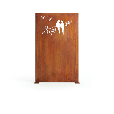 Privacy screen with bird couple and heart, patina