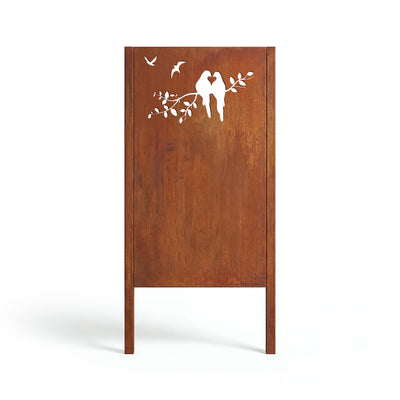 Privacy screen with bird couple and heart, patina